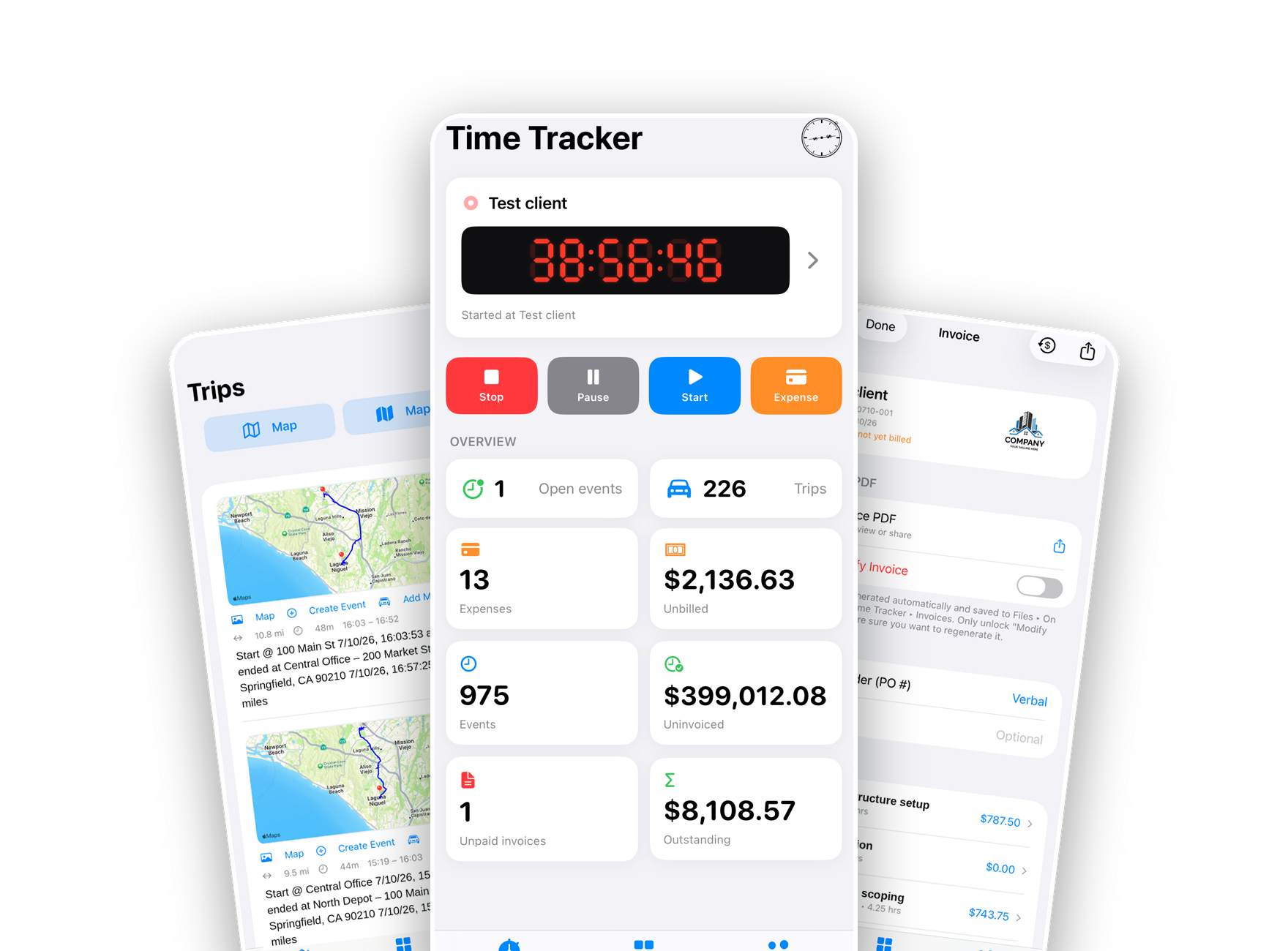 Time Tracker — dashboard, mileage, and invoicing on iPhone