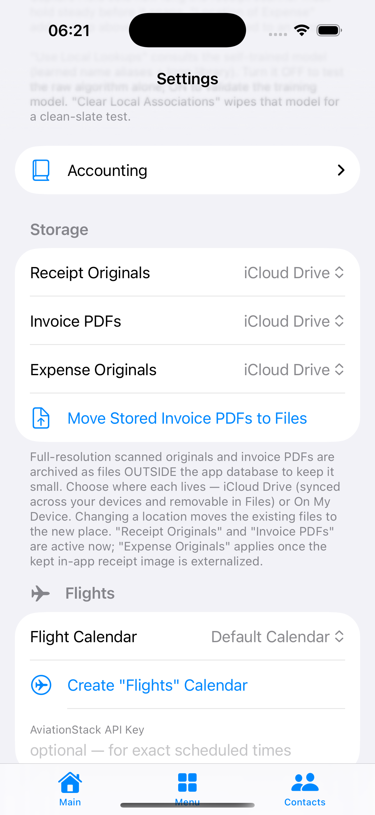 Accounting and storage settings