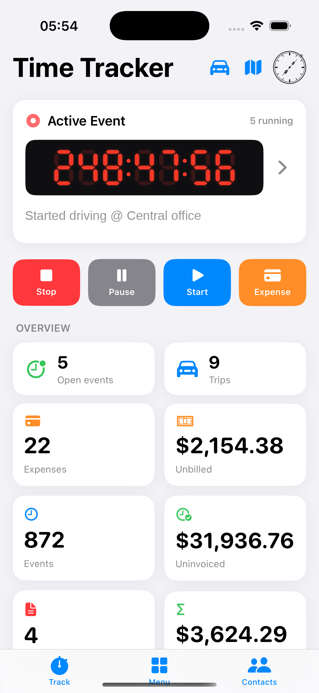 Live timer and daily overview