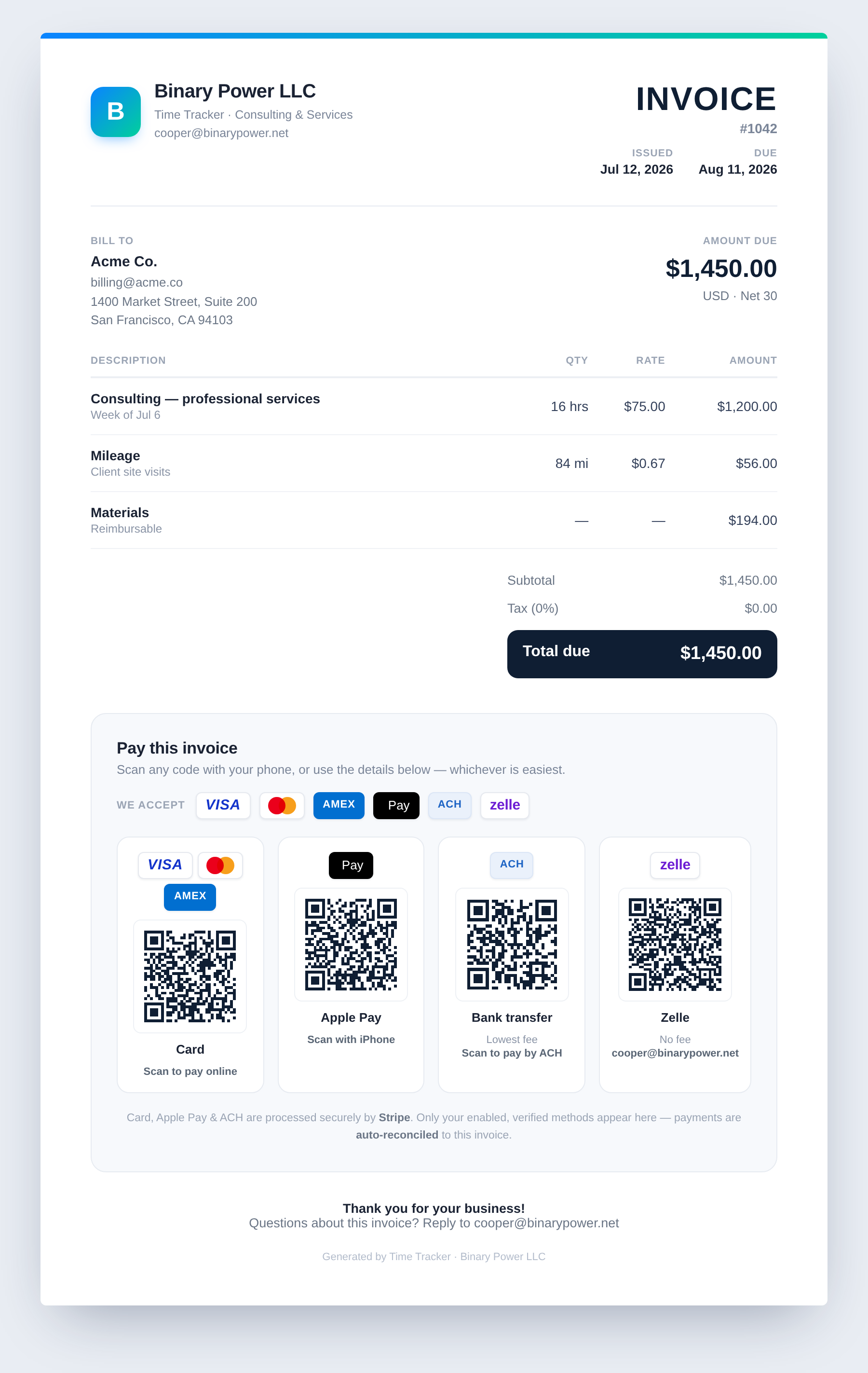 Invoice with pay options and banking