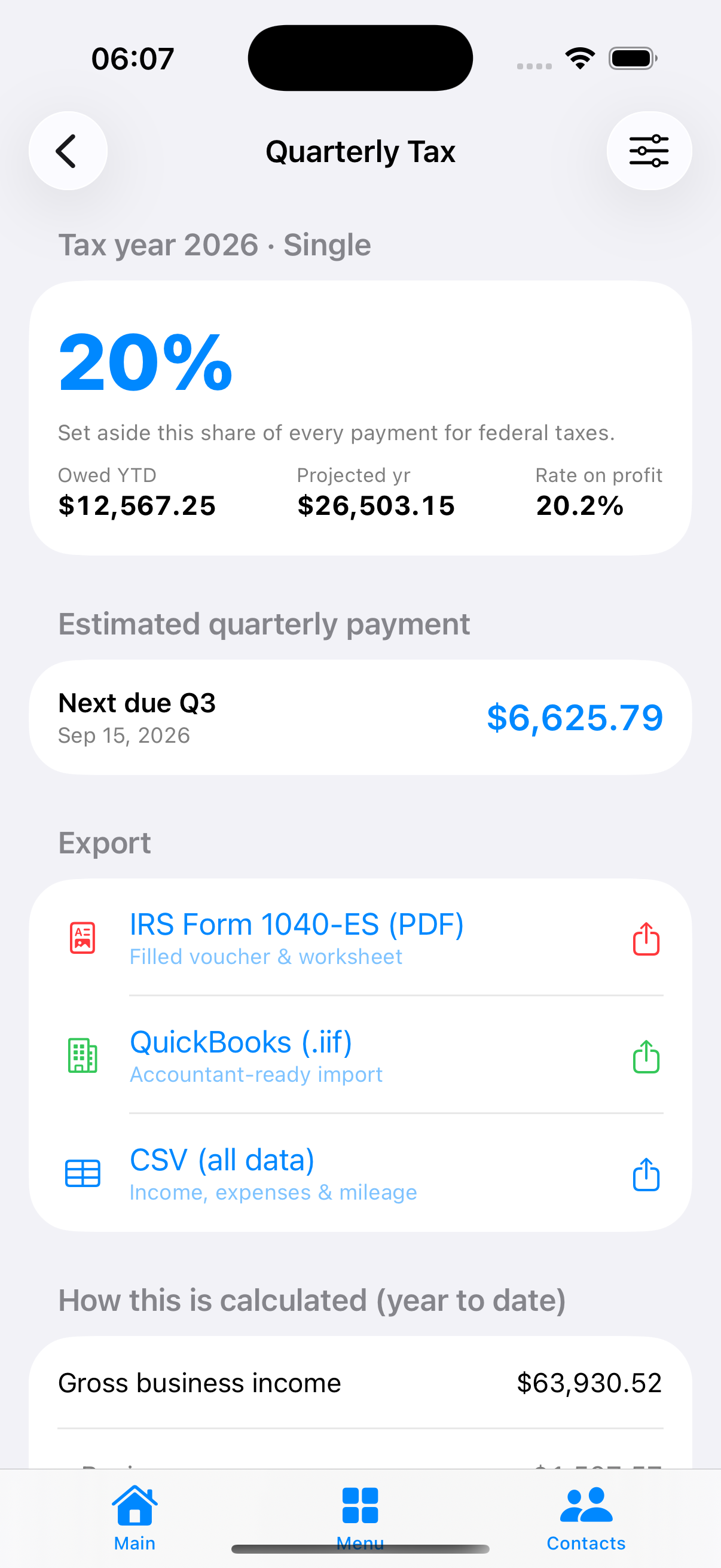 Real-time quarterly tax estimate